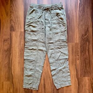 Free People Linen Cargo Pants XS Green Utility Jogger Drawstring Pockets Lounge